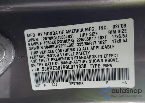 2009 Honda Cr-V Ex-L из США, поврежденный, VIN 5J6RE38799L011838